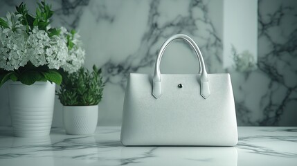 White handbag displayed on marble, flowers background, product shot