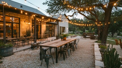 Outdoor dining area with string lights at rustic stone building