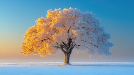 Solitary frost covered tree in winter sunrise landscape