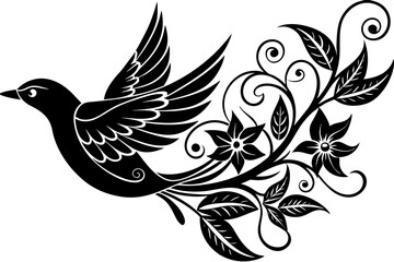 Ornate Flying Bird Silhouette with Intricate Swirling Patterns in Folk Art Style