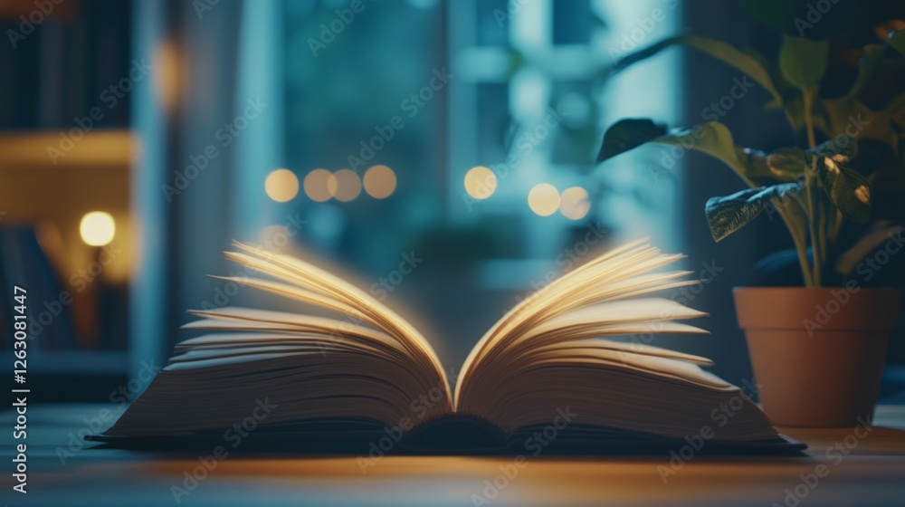 Poster open book shining with knowledge. mystical aura of learning and wisdom.