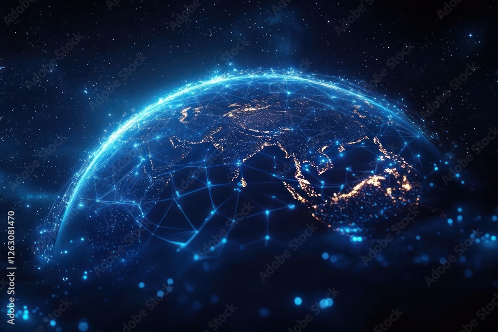 Aufkleber earth in space with high-tech network connections on a blue background
