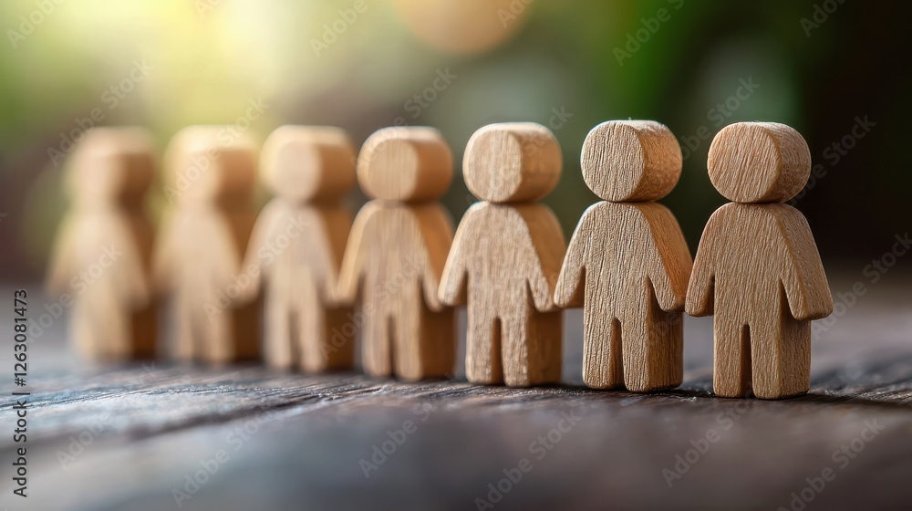 Poster wooden figures representing teamwork and collaboration in line, symbolizing unity and employee engag