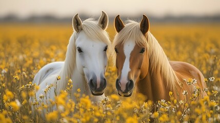 Horses nuzzling each other in a golden field, gentle social interaction