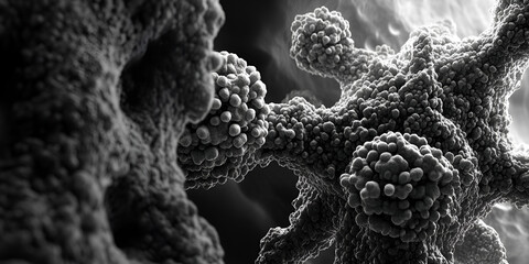 Microscopic cancer cell close-up, Black and white cancer cell structure

