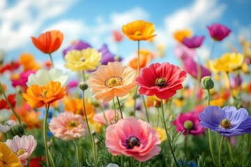 Obraz premium Vibrant Colorful Meadow of Spring Wildflowers under Blue Sky