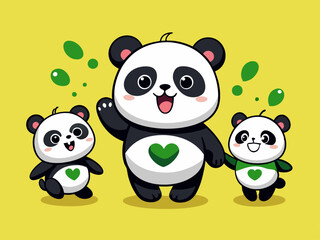Cute Cartoon Panda Characters Parent and Child with Waving Paw in Kawaii Style