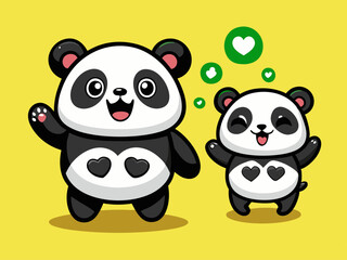Cute Cartoon Panda Characters Parent and Child with Waving Paw in Kawaii Style