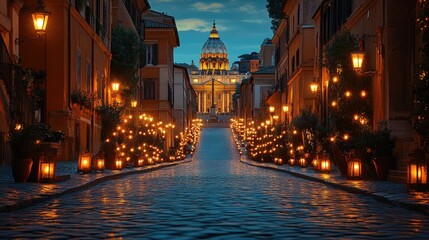 Obraz premium Roman Street at Dusk with Saint Peters Basilica in View