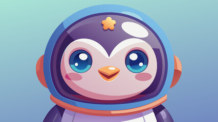 Cute Cartoon Penguin Astronaut with Big Eyes, Blue Space Helmet, and Playful Expression in Kawaii Style