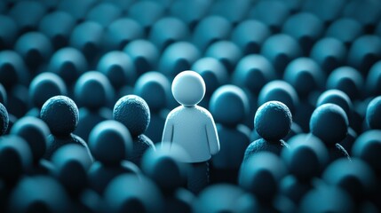 Obraz premium lone figure stands out among crowd of blue silhouettes, symbolizing individuality and engagement. This represents importance of employee engagement in workplace setting
