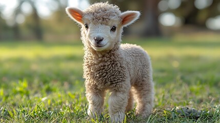 Fototapeta premium Fluffy newborn lamb standing in a green pasture under soft morning light