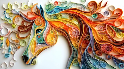 Animal Portrait paper quilling concept. Colorful artistic depiction of a horse with swirling patterns and vibrant details.
