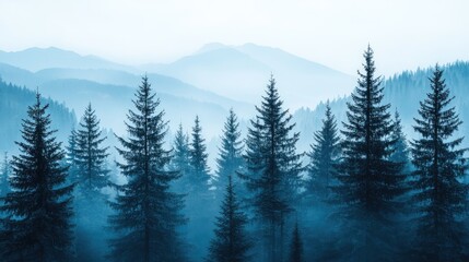 Obraz premium Misty Mountains and a Forest of Tall Evergreen Trees