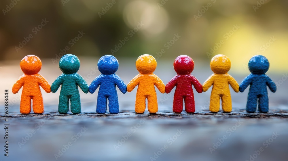 Poster colorful figurines holding hands symbolize unity and teamwork, representing importance of collaborat