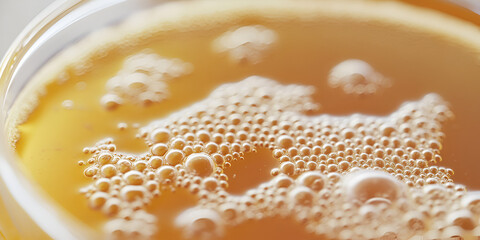 Beer foam in glass, Close-up of beer bubbles
