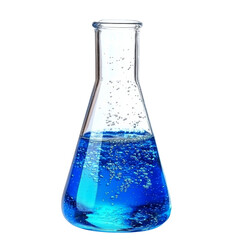 glass laboratory flask filled with blue liquid and bubbles, symbolizing scientific research and...
