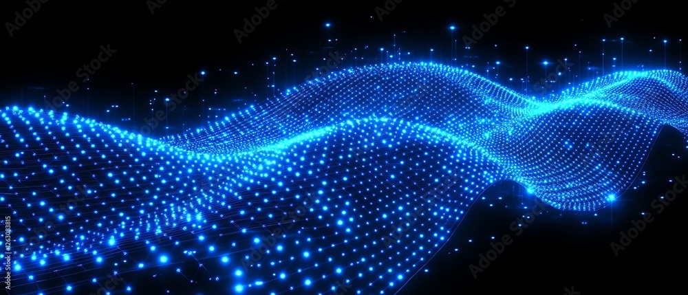 Poster abstract blue digital wave glowing energy flow data mesh grid dots