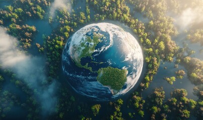 Aerial view of Earth surrounded by lush forest, promoting environmental conservation