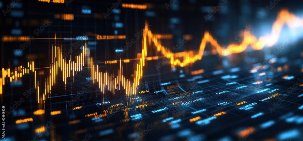Poster futuristic financial data visualization with glowing graphs and cyberpunk aesthetic