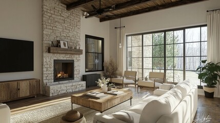 Cozy Minimalist Living Room with Stone Fireplace and Large Windows