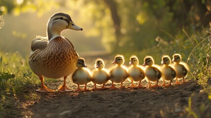 Fototapeta premium Ducklings following their mother across a dirt path, sweet and heartwarming moment