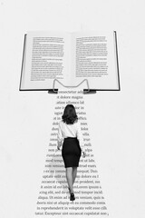 Vertical collage image of black white gamma girl walking big opened book text isolated on creative...