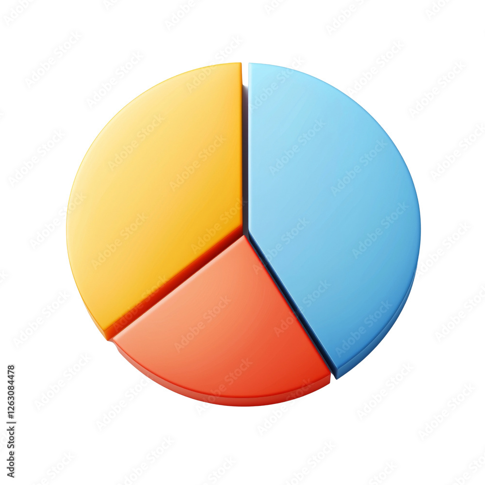 Poster colorful pie chart divided into three segments yellow, red, and blue, representing data visualization and analysis
