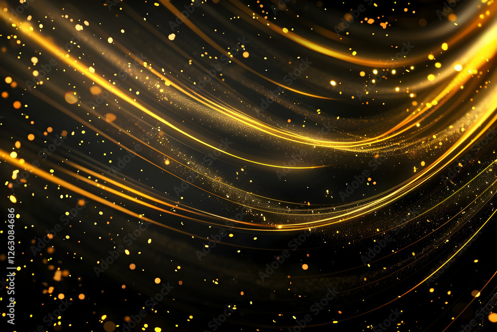 Aufkleber abstract golden wave patterns with shimmering particles on a dark background, ideal for festive them