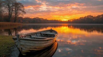 Fototapeta premium Old wooden boat at sunset on tranquil lake