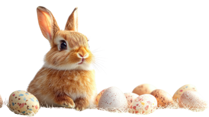 Easter Bunny & Decorated Eggs: A charming and fluffy Easter bunny sits amidst a collection of colorful, intricately decorated Easter eggs, symbolizing the joy and renewal of spring.