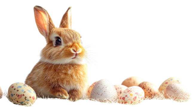 Easter Bunny & Decorated Eggs: A charming and fluffy Easter bunny sits amidst a collection of colorful, intricately decorated Easter eggs, symbolizing the joy and renewal of spring.