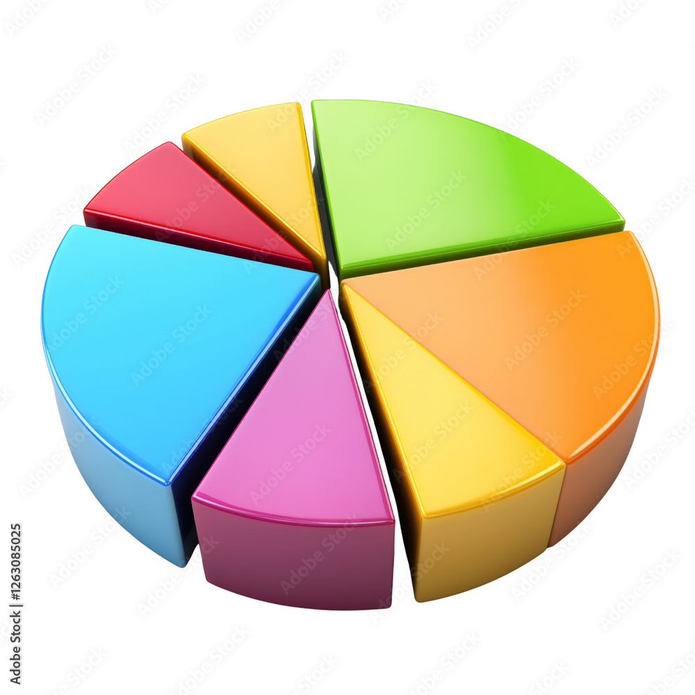 Poster colorful pie chart with eight segments, representing data visually. each segment is different vibran