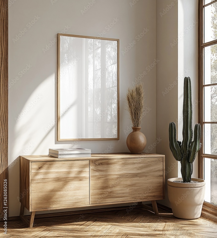 Poster minimalist wooden cabinet with cactus and empty picture frame in scandinavian interior