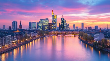 Fototapeta premium Frankfurt Skyline at Sunset Reflecting on River