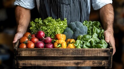 Fototapeta premium Farmer carrying a wooden crate full of fresh vegetables, farm-to-table concept