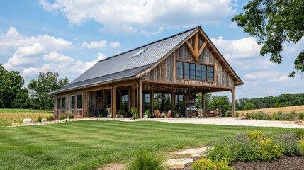 Charming Rustic Barn House Surrounded by Lush Green Landscaping