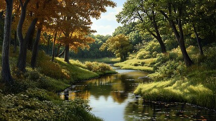 Autumn River Scene: Digital Painting of a Tranquil Woodland Stream AI Generated