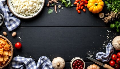 The background of cooking. On a black wooden background. Top view. Free space for your text.