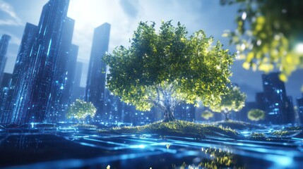 Lush green trees thriving amidst a futuristic cityscape, showcasing a harmonious blend of nature and technology.