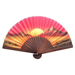 Vibrant Pink Fan with Scenic Mountain and Sunrise Artwork