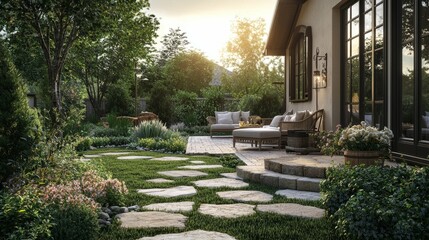 Fototapeta premium Serene Outdoor Patio with Beautiful Garden at Sunset Glow