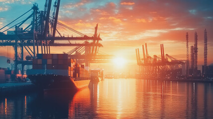 Obraz premium Container truck in ship port for business Logistics and transportation of Container Cargo ship and Cargo plane with working crane bridge in shipyard at sunrise, logistic import export and transport