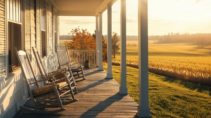 Serene Porch with Rocking Chairs Overlooking a Golden Field at Sunset