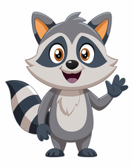 Cute Cartoon Raccoon with Big Eyes, Friendly Expression, and Waving Pose in Adorable Forest Style