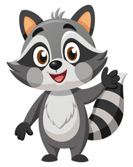 Cute Cartoon Raccoon with Big Eyes, Friendly Expression, and Waving Pose in Adorable Forest Style