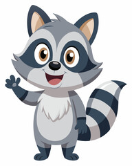 Cute Cartoon Raccoon with Big Eyes, Friendly Expression, and Waving Pose in Adorable Forest Style