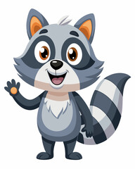 Cute Cartoon Raccoon with Big Eyes, Friendly Expression, and Waving Pose in Adorable Forest Style
