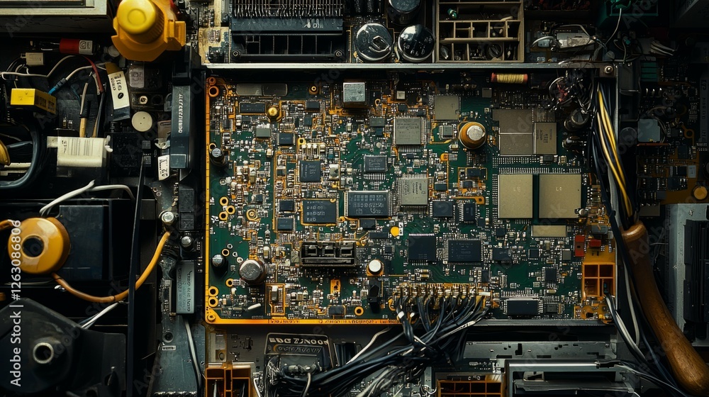 Poster close-up view of electronic circuit board with various components