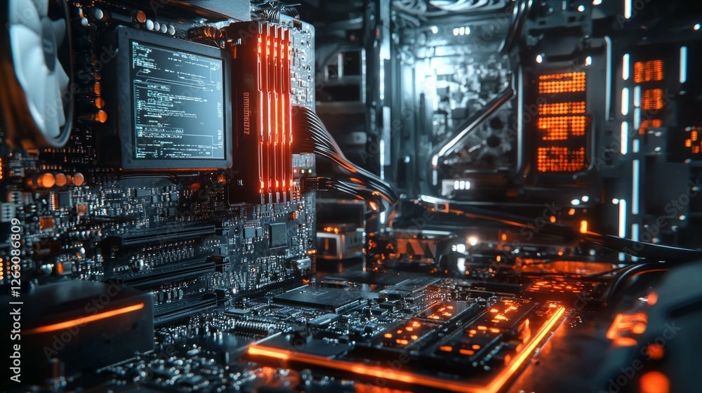 Poster close-up view of a modern computer circuit board with backlit design